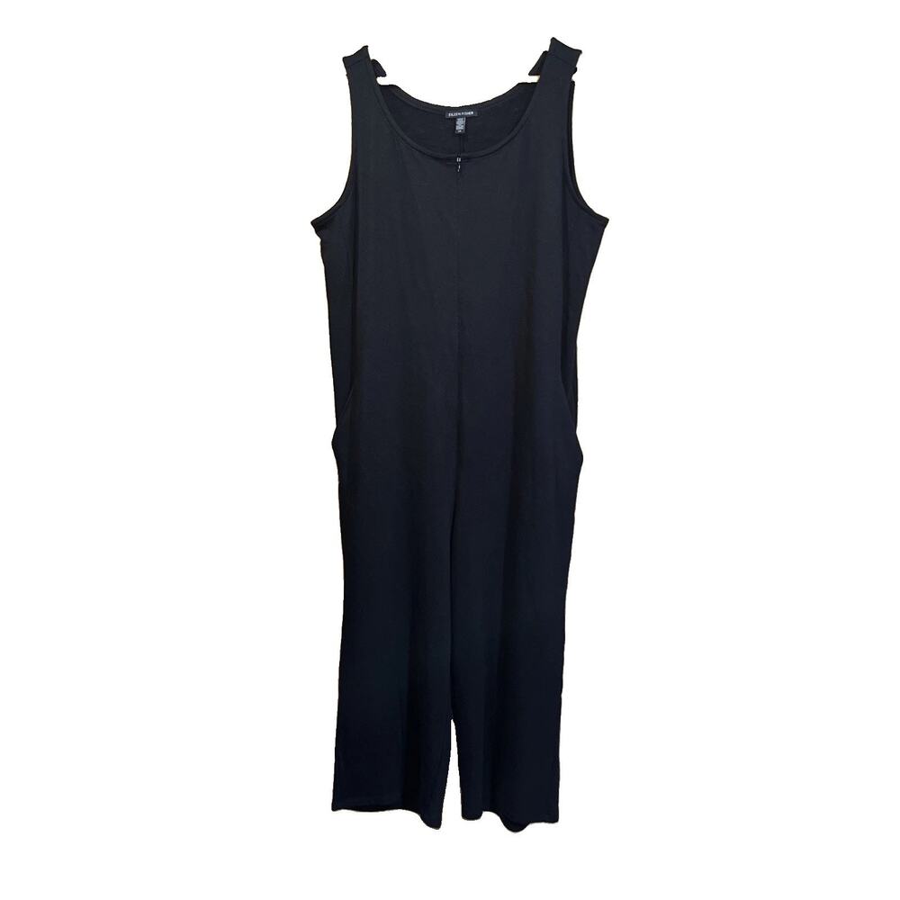 Eileen Fisher Organic Cotton Jersey Jumpsuit L Black Cropped Wide Leg Relaxed